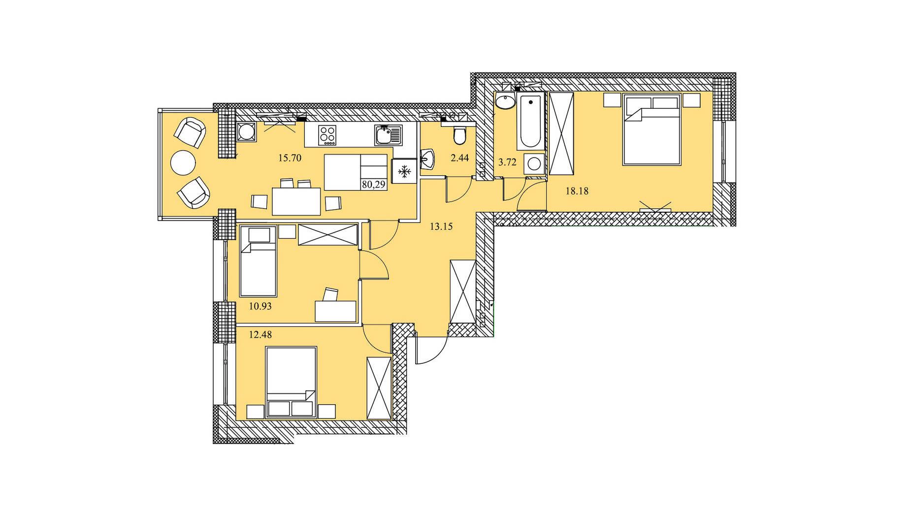 Планировка 3-комнатной квартиры в ЖК на Шептицкого 80.29 м², фото 621205