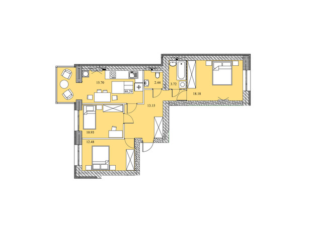 ЖК на Шептицького: планування 3-кімнатної квартири 80.29 м²