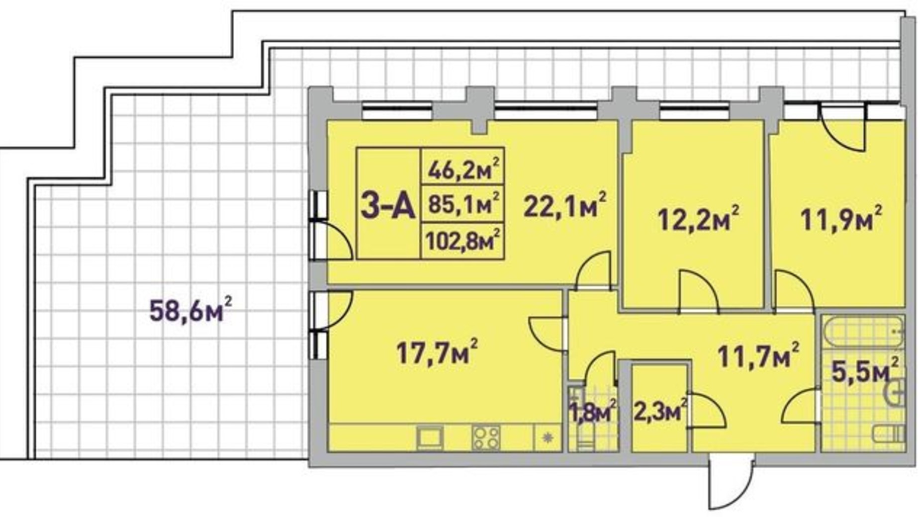 Планировка 3-комнатной квартиры в ЖК Центральный-2 102.8 м², фото 621207