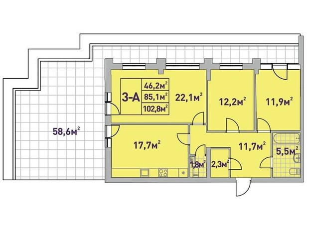 ЖК Центральный-2: планировка 3-комнатной квартиры 102.8 м²