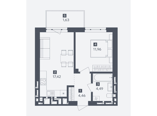 ЖК Wabi: планування 1-кімнатної квартири 39.96 м²