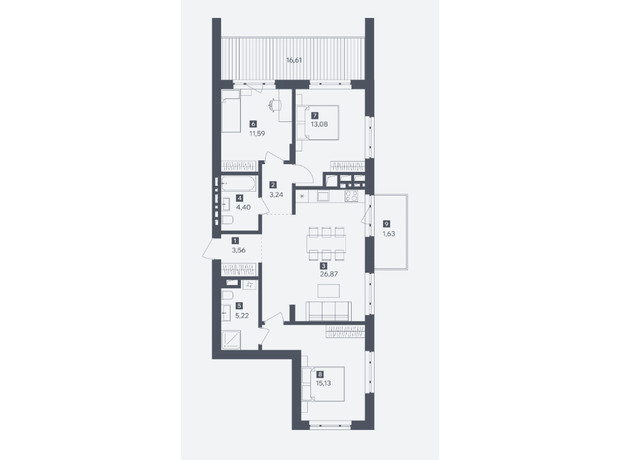 ЖК Wabi: планування 3-кімнатної квартири 86.35 м²