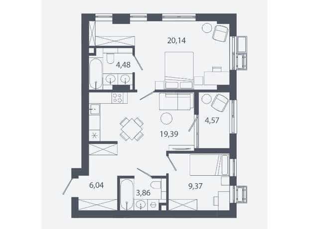 ЖК Шелест: планування 2-кімнатної квартири 64.94 м²