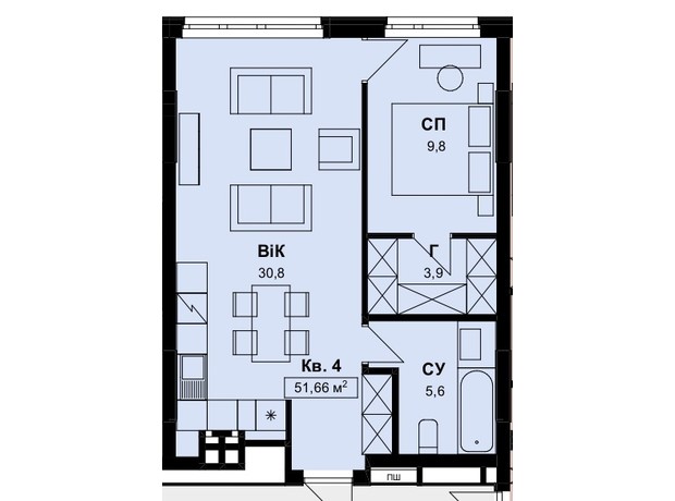 ЖК Aurora: планування 1-кімнатної квартири 51.66 м²