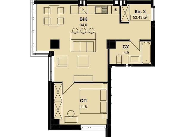 ЖК Aurora: планировка 1-комнатной квартиры 53.1 м²