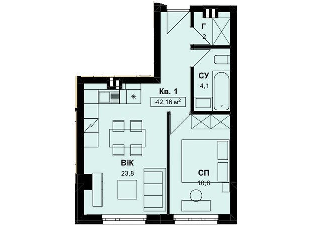 ЖК Aurora: планування 1-кімнатної квартири 42.16 м²