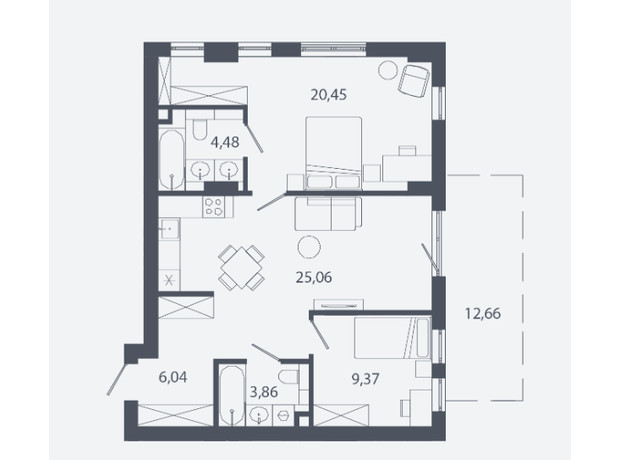 ЖК Шелест: планировка 2-комнатной квартиры 73.37 м²