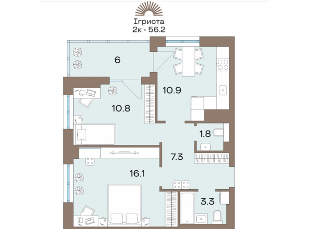 ЖК Соуренж: планировка 2-комнатной квартиры 56.2 м²