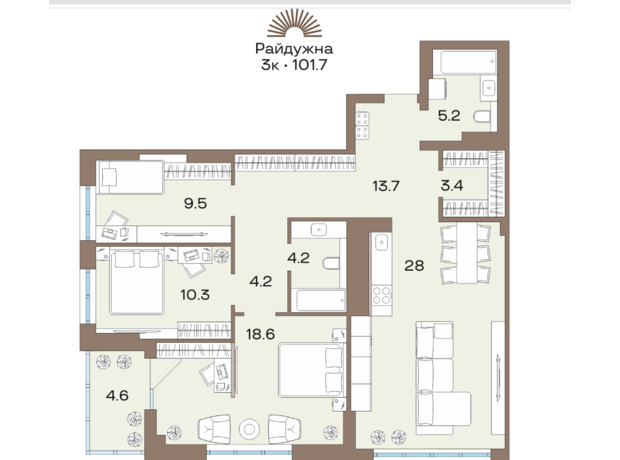 ЖК Соуренж: планування 3-кімнатної квартири 101.7 м²