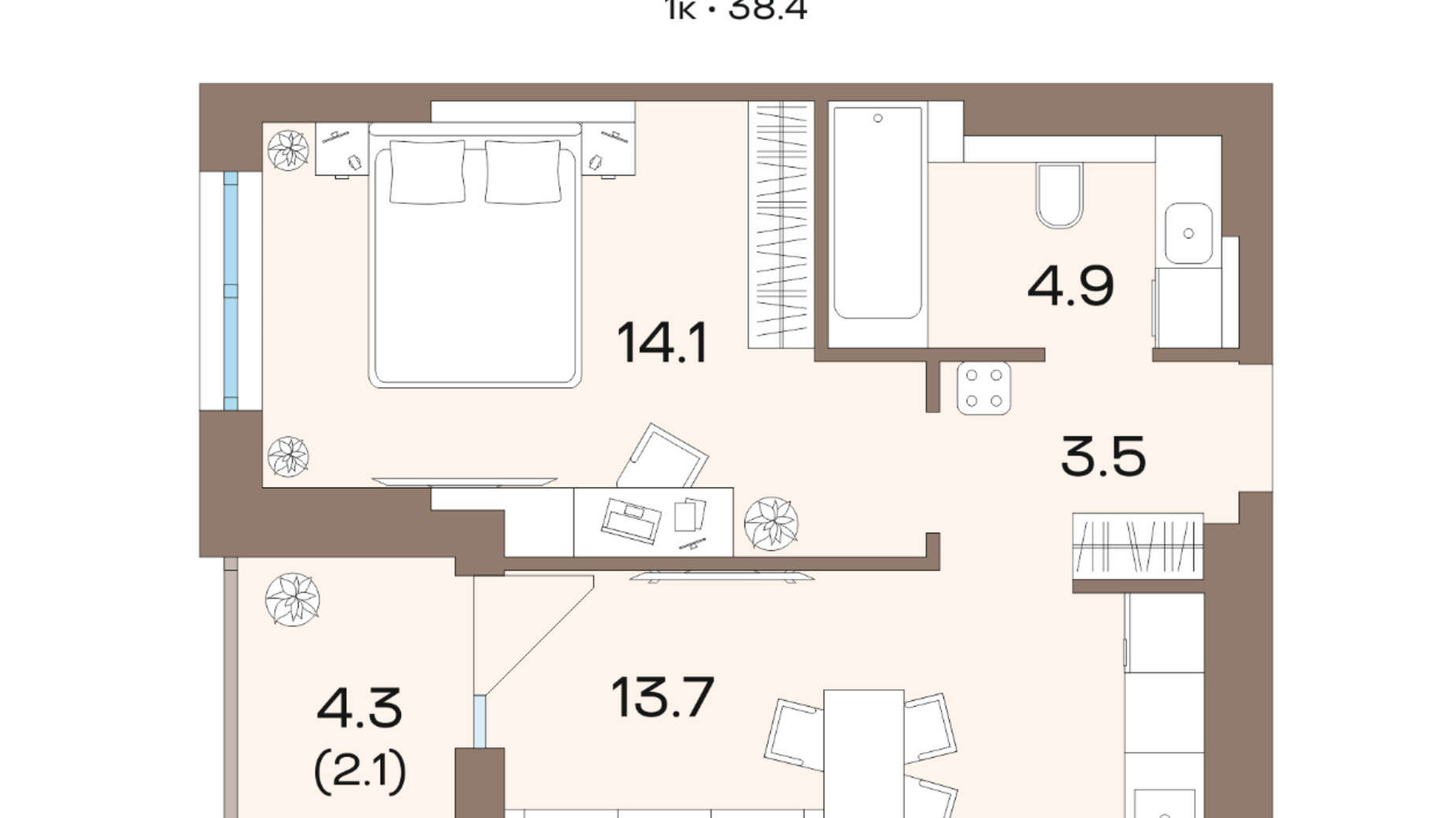 Планування 1-кімнатної квартири в ЖК Соуренж 38.4 м², фото 621330