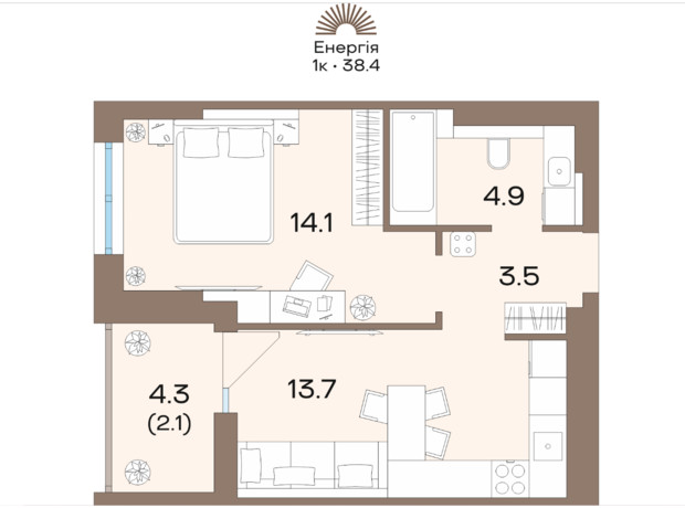 ЖК Соуренж: планування 1-кімнатної квартири 38.4 м²