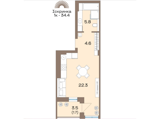 ЖК Соуренж: планування 1-кімнатної квартири 34.4 м²