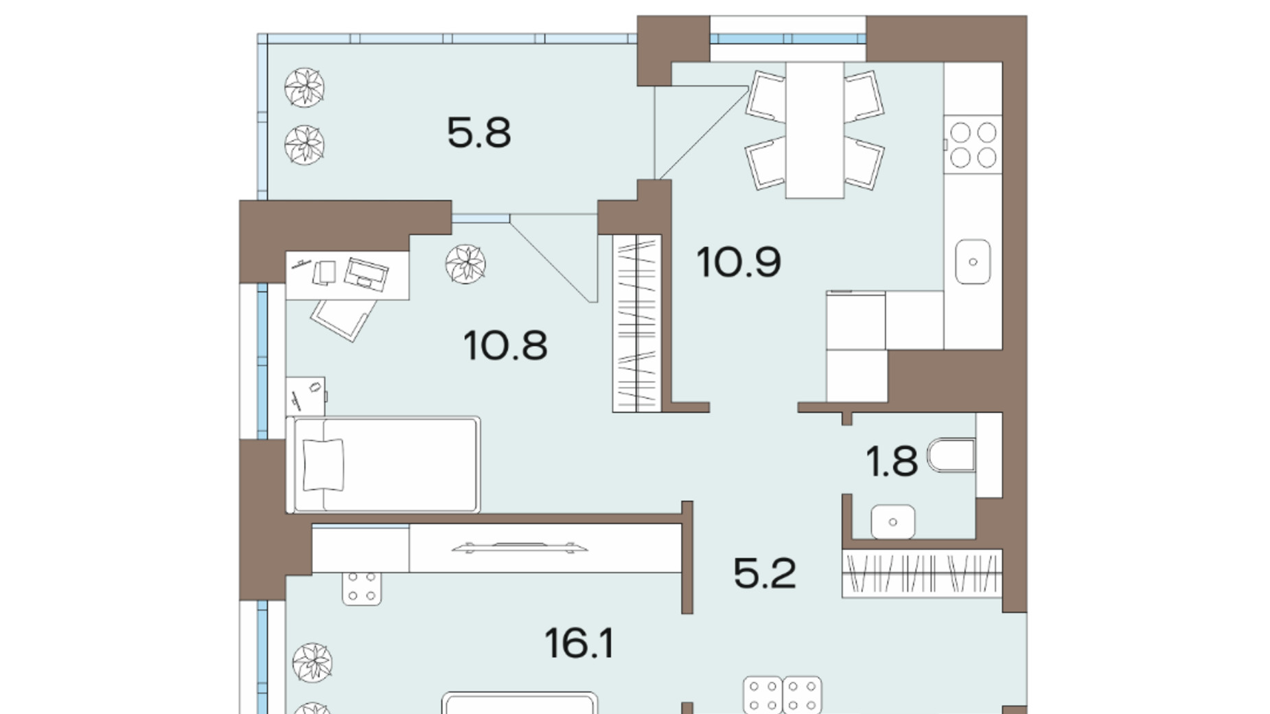Планування 2-кімнатної квартири в ЖК Соуренж 54.2 м², фото 621332