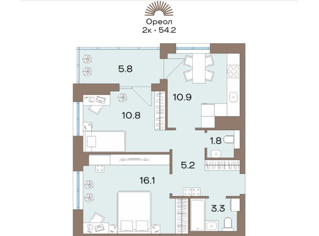 ЖК Соуренж: планировка 2-комнатной квартиры 54.2 м²