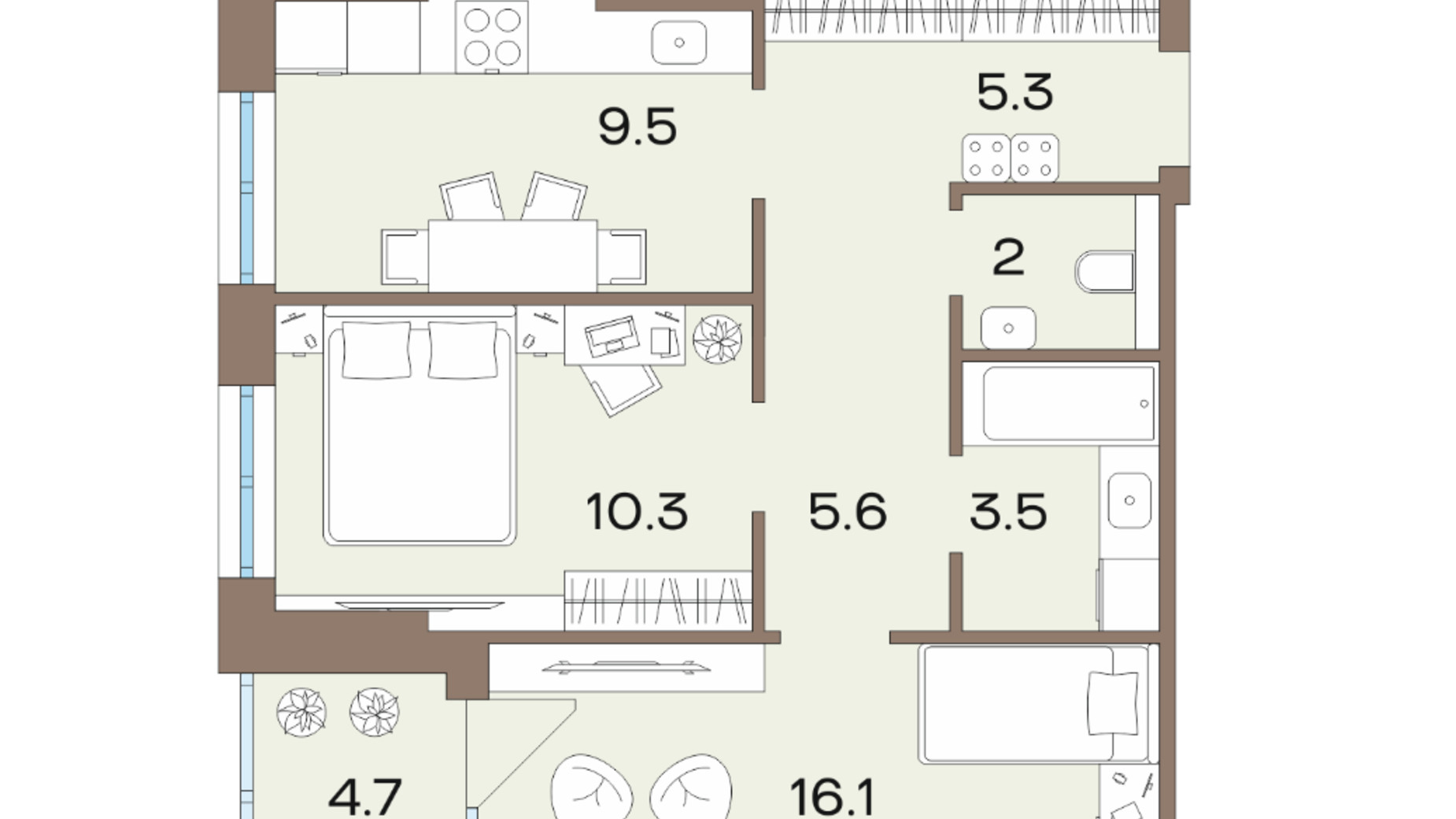 Планировка 2-комнатной квартиры в ЖК Соуренж 57 м², фото 621350