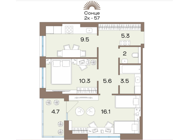 ЖК Соуренж: планировка 2-комнатной квартиры 57 м²