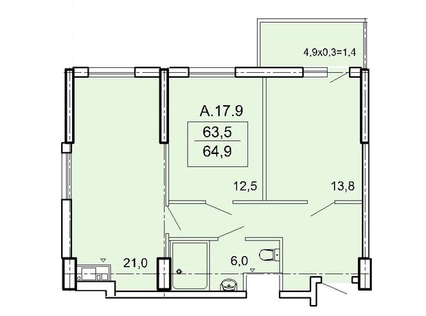 ЖК Акрополь: планування 2-кімнатної квартири 66.96 м²
