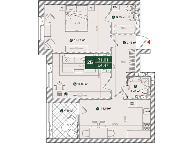 ЖК Forest Park: планировка 2-комнатной квартиры 64.47 м²