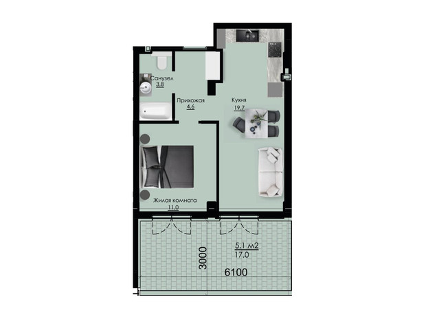 ЖК Приморські Сади: планування 1-кімнатної квартири 45.6 м²