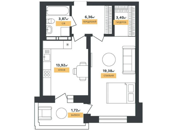 КБ La Manche: планування 1-кімнатної квартири 48.65 м²