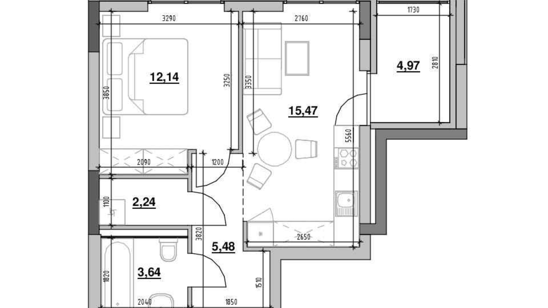 Планировка 1-комнатной квартиры в ЖК Шенген 43.94 м², фото 622208