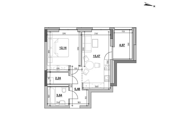 ЖК Шенген: планування 1-кімнатної квартири 43.94 м²