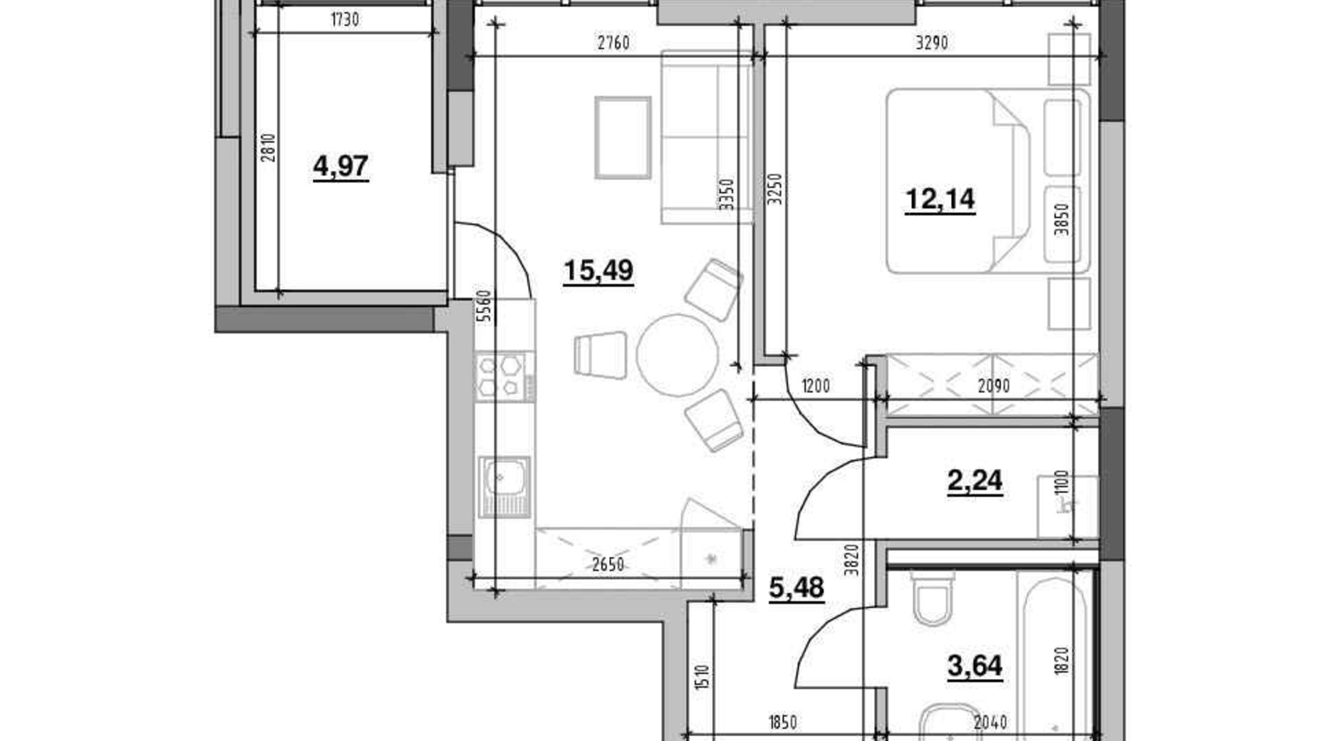 Планировка 1-комнатной квартиры в ЖК Шенген 43.96 м², фото 622212