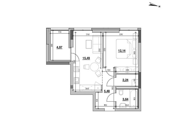 ЖК Шенген: планировка 1-комнатной квартиры 43.96 м²