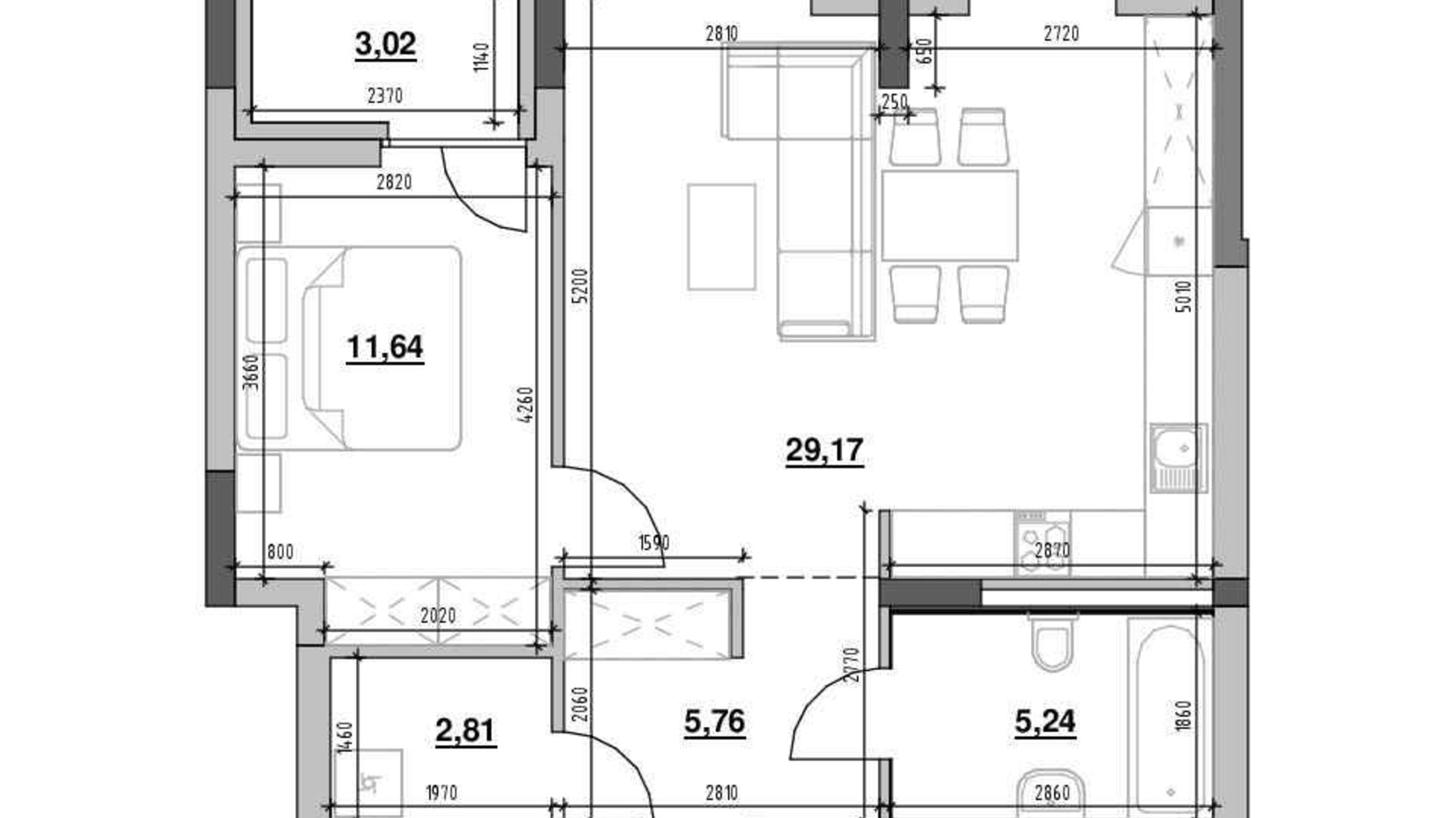 Планировка 1-комнатной квартиры в ЖК Шенген 57.64 м², фото 622214