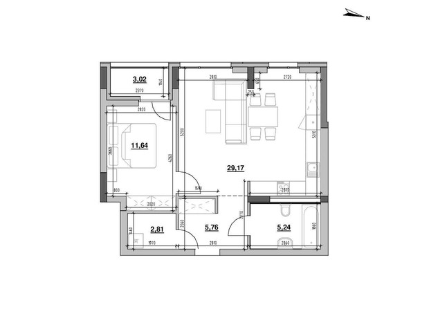 ЖК Шенген: планування 1-кімнатної квартири 57.64 м²