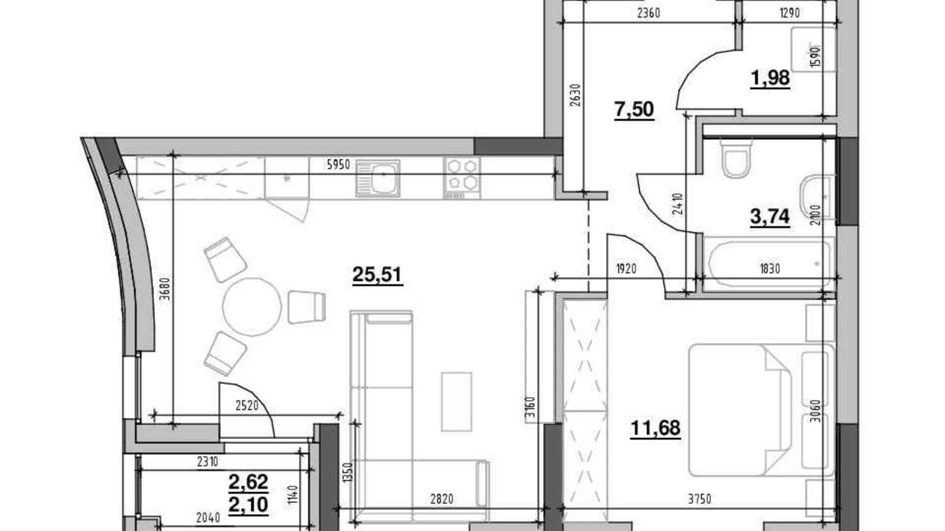 Планировка 1-комнатной квартиры в ЖК Шенген 52.51 м², фото 622215