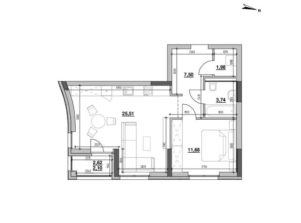 ЖК Шенген: планировка 1-комнатной квартиры 52.51 м²