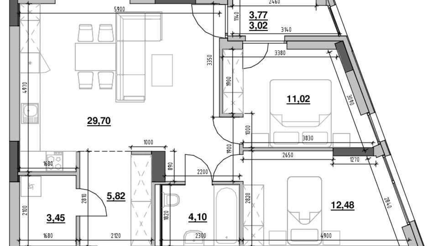 Планировка 2-комнатной квартиры в ЖК Шенген 69.59 м², фото 622259