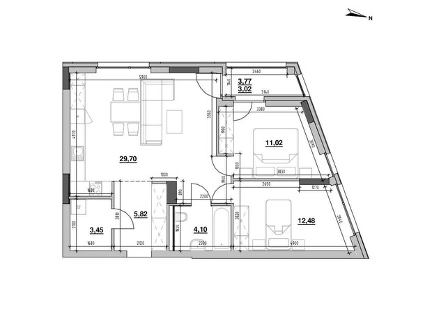 ЖК Шенген: планировка 2-комнатной квартиры 69.59 м²