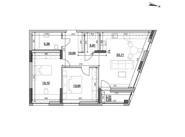 ЖК Шенген: планировка 2-комнатной квартиры 74.17 м²