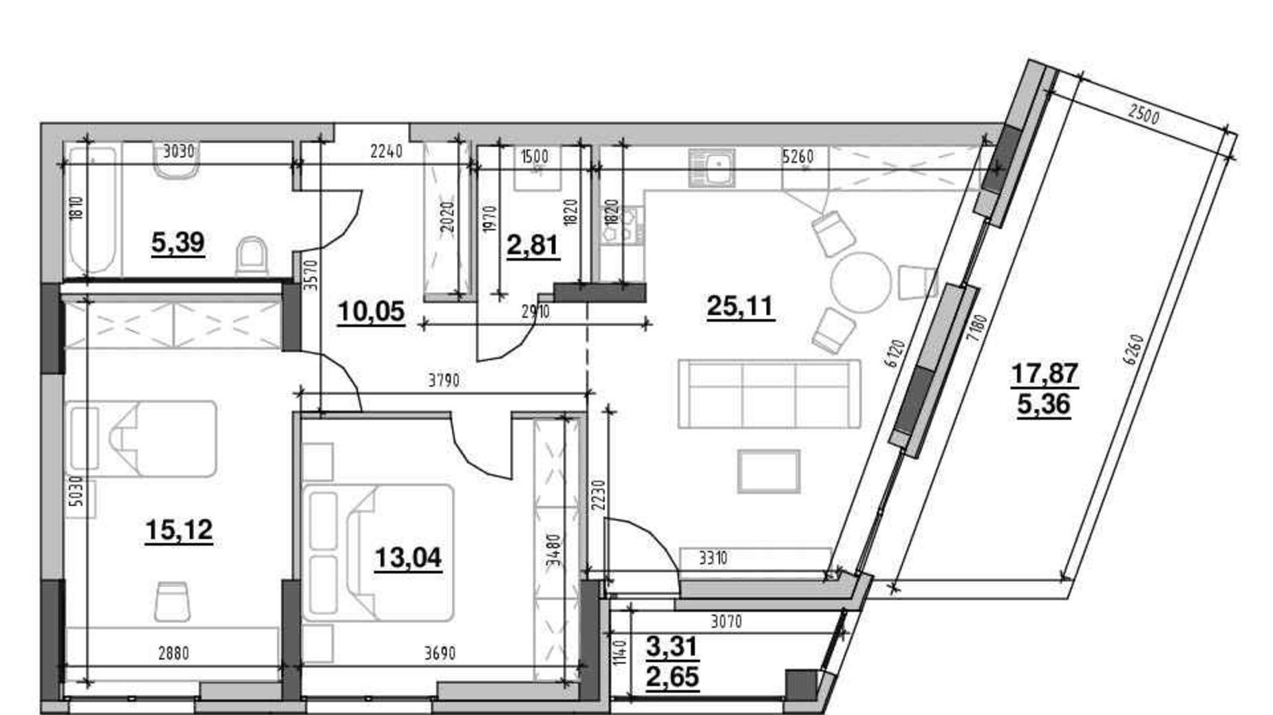 Планування 2-кімнатної квартири в ЖК Шенген 79.53 м², фото 622283
