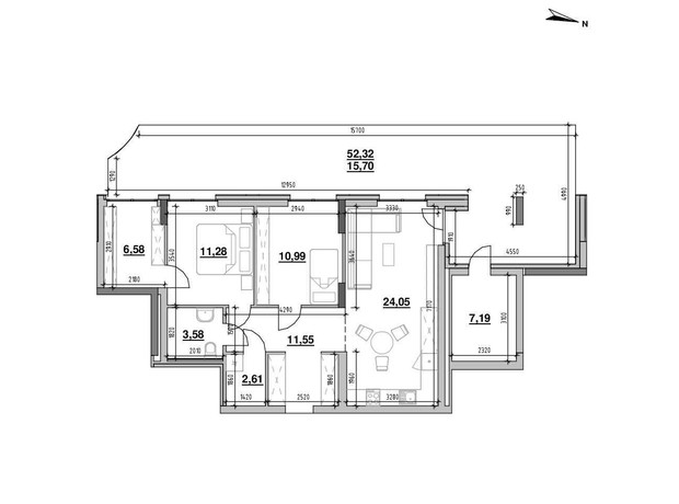 ЖК Шенген: планировка 2-комнатной квартиры 93.53 м²