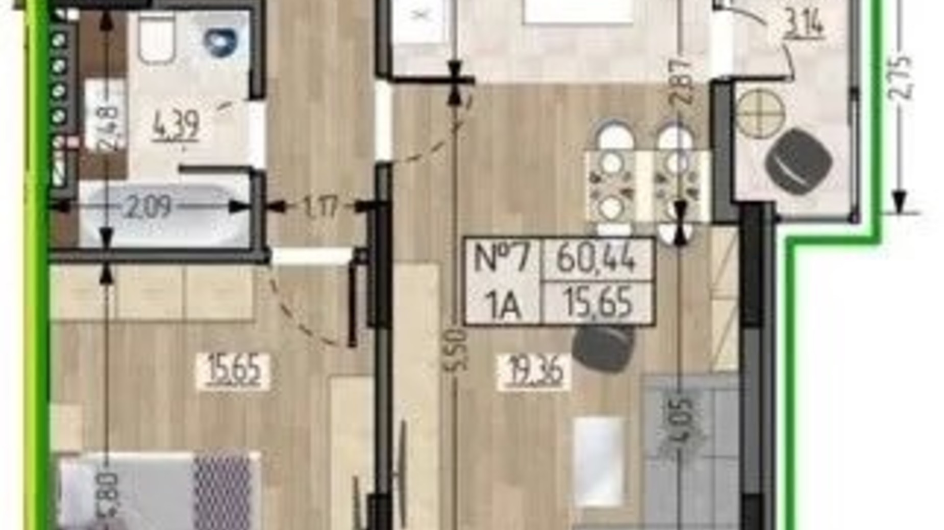 Планировка 1-комнатной квартиры в ЖСК Полетаева 60.44 м², фото 622456