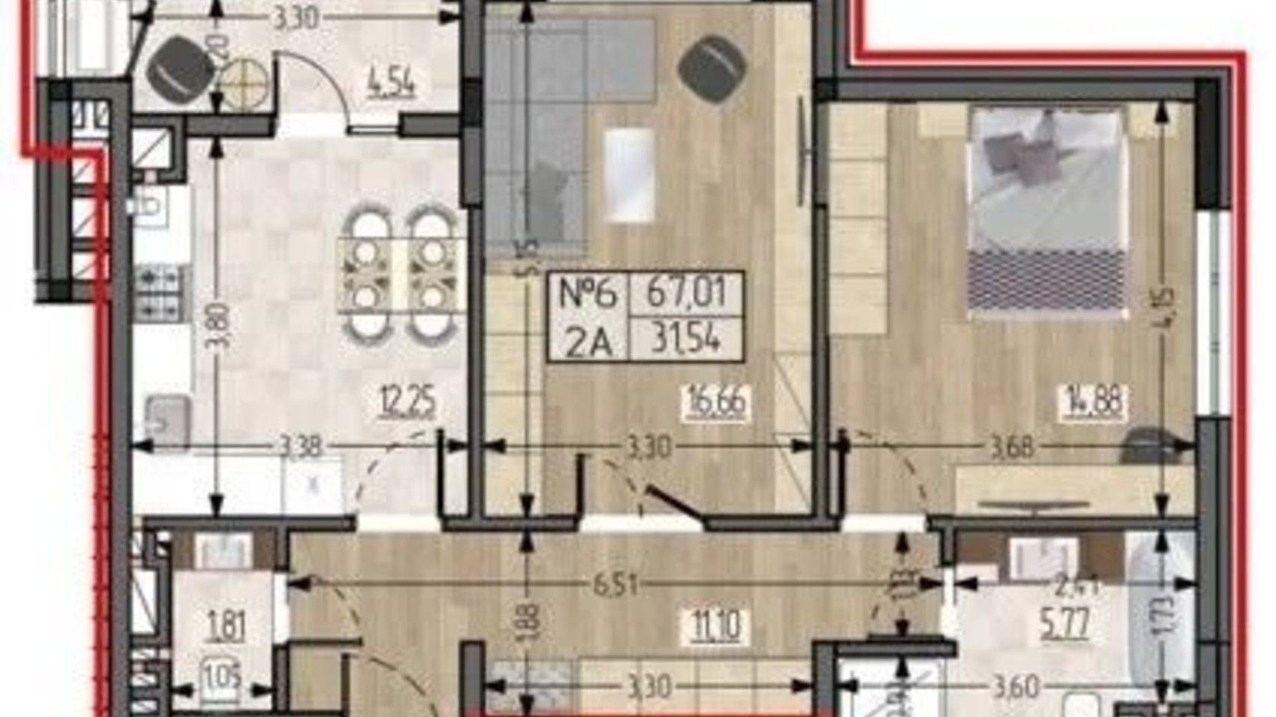 Планировка 2-комнатной квартиры в ЖСК Полетаева 67.01 м², фото 622457