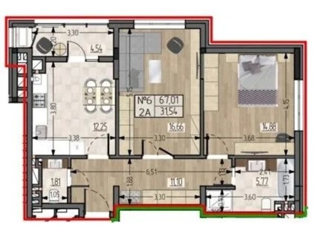 ЖСК Полетаева: планировка 2-комнатной квартиры 67.01 м²