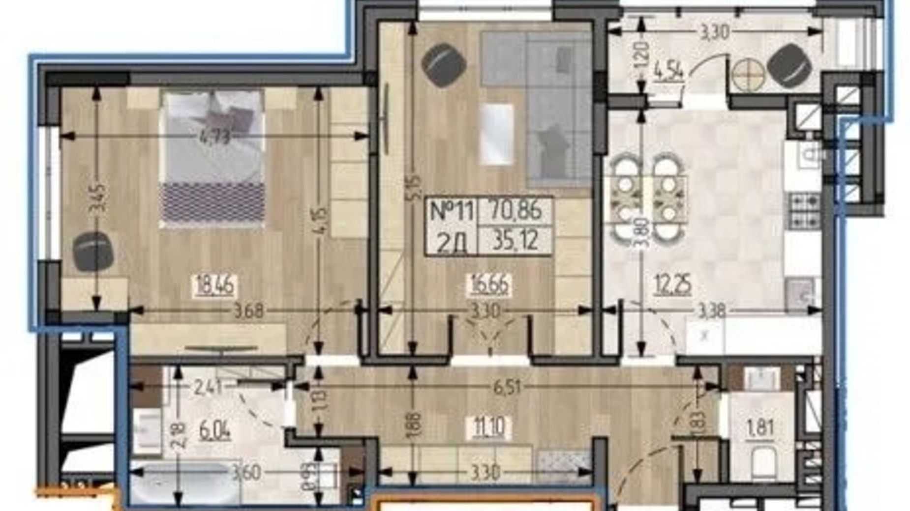 Планування 2-кімнатної квартири в ЖБК Полетаєва 70.86 м², фото 622459