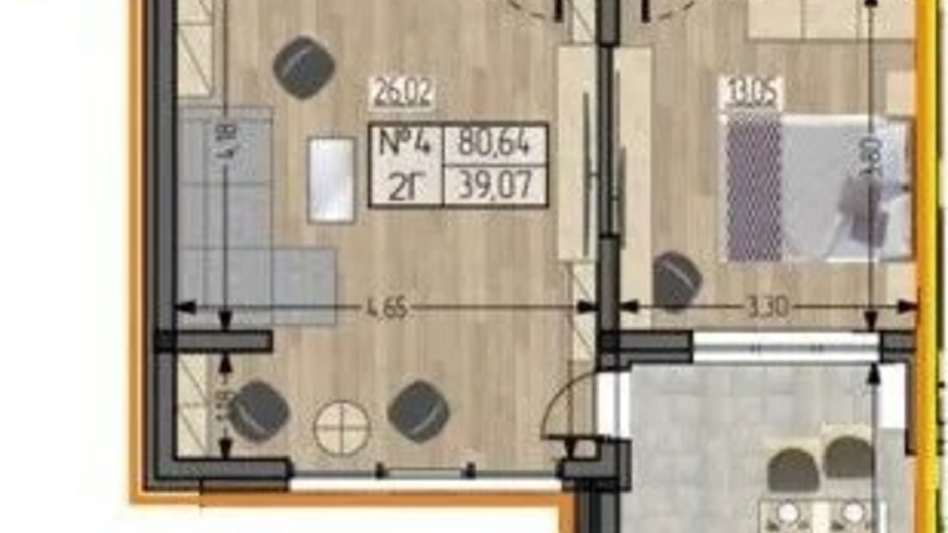 Планировка 2-комнатной квартиры в ЖСК Полетаева 80.64 м², фото 622460