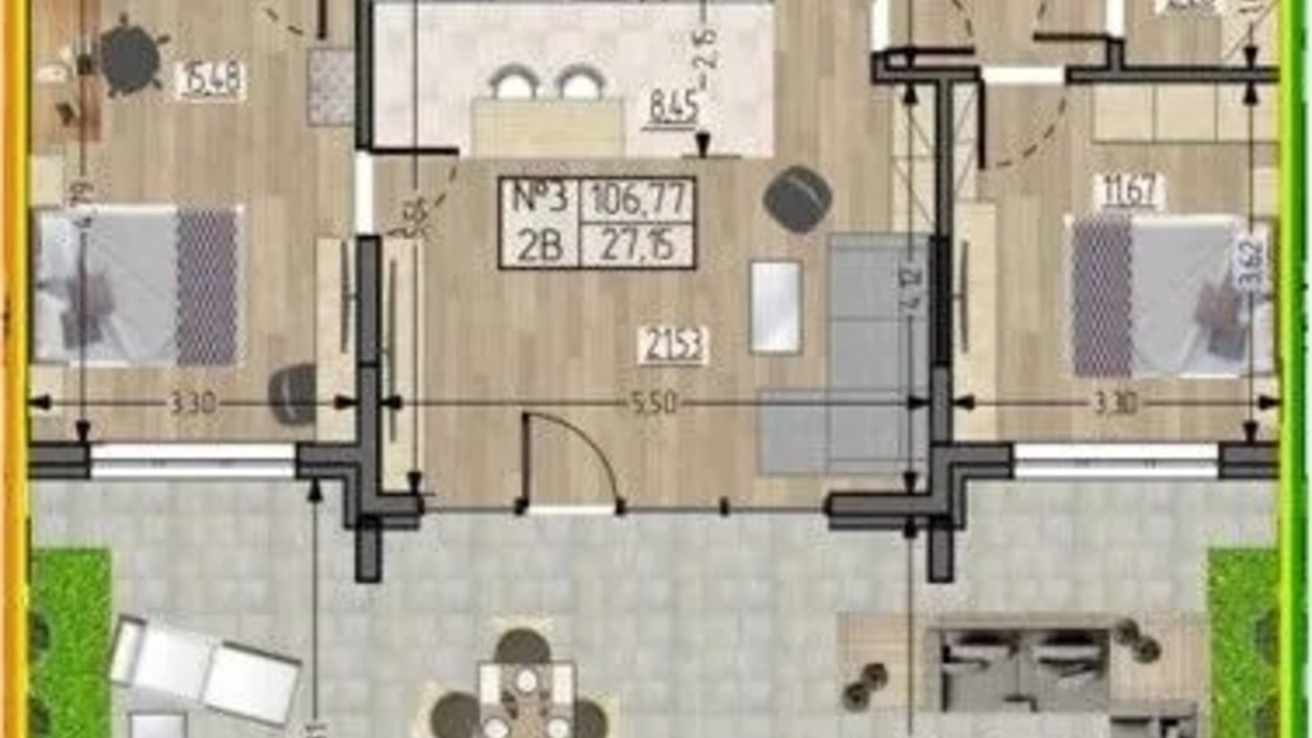 Планування 3-кімнатної квартири в ЖБК Полетаєва 106.78 м², фото 622461