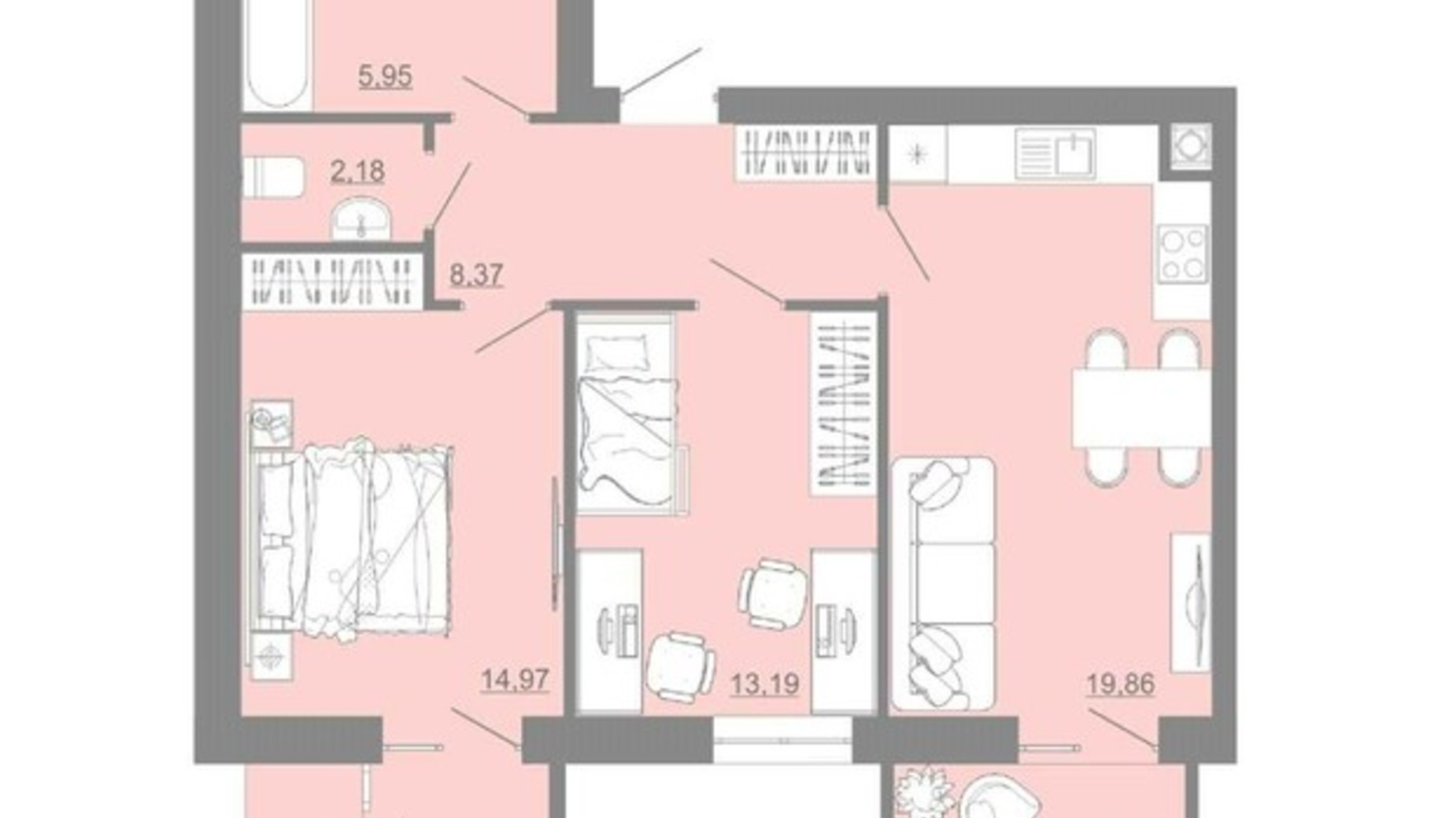 Планировка 2-комнатной квартиры в ЖК Проект Панорама 63.98 м², фото 622505