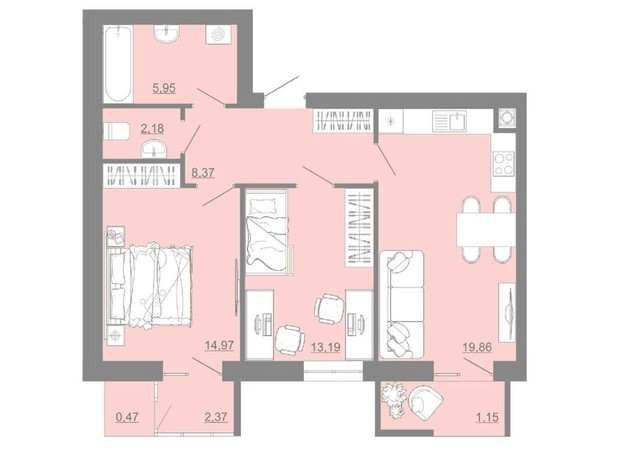 ЖК Проект Панорама: планування 2-кімнатної квартири 63.98 м²