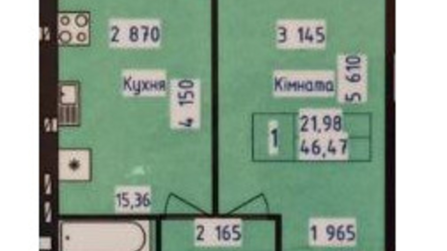 Планування 1-кімнатної квартири в ЖК Парус 46.47 м², фото 622624