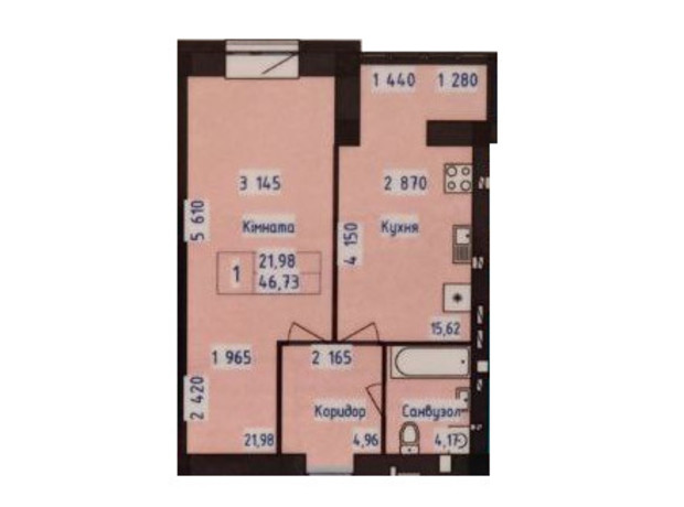 ЖК Парус: планування 1-кімнатної квартири 46.73 м²