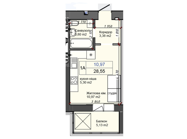 ЖК Олимп: планировка 1-комнатной квартиры 28.55 м²