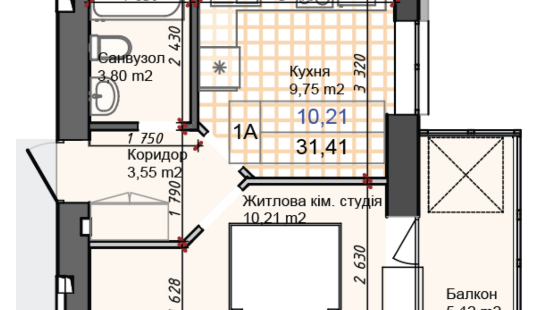 Планування 1-кімнатної квартири в ЖК Олімп 31.41 м², фото 622694