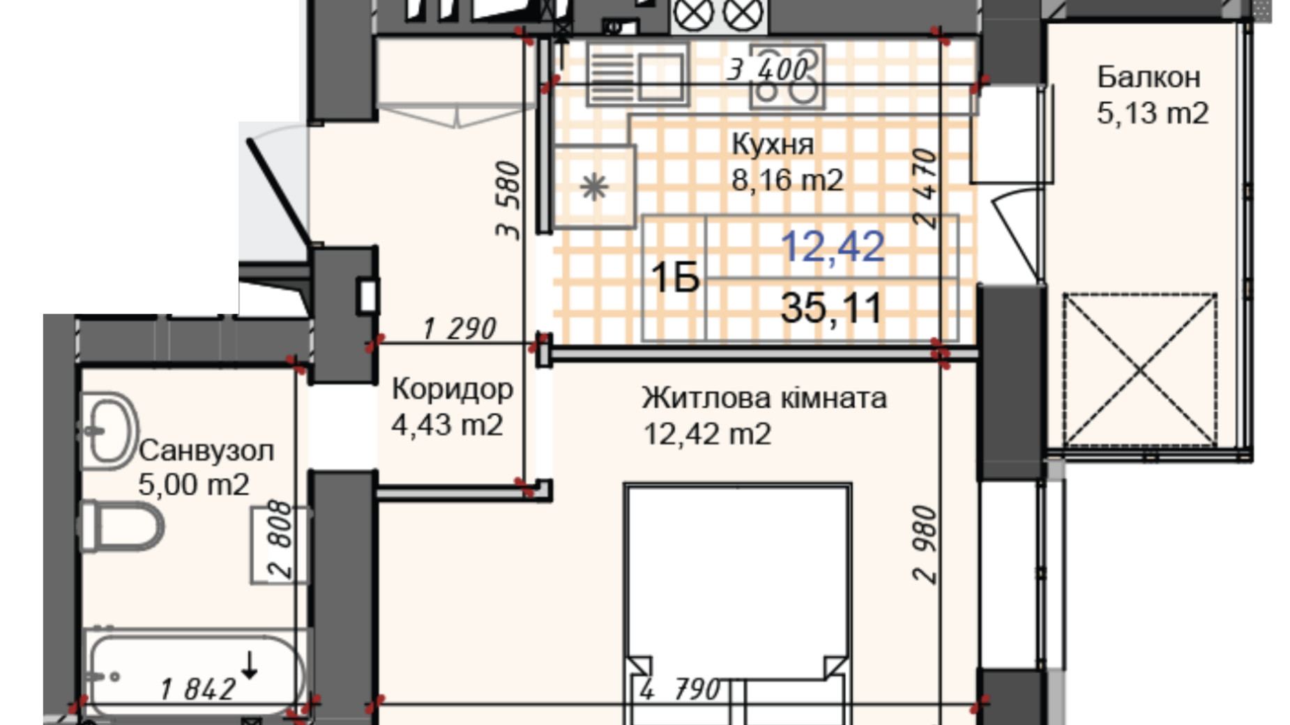 Планування 1-кімнатної квартири в ЖК Олімп 34.51 м², фото 622695